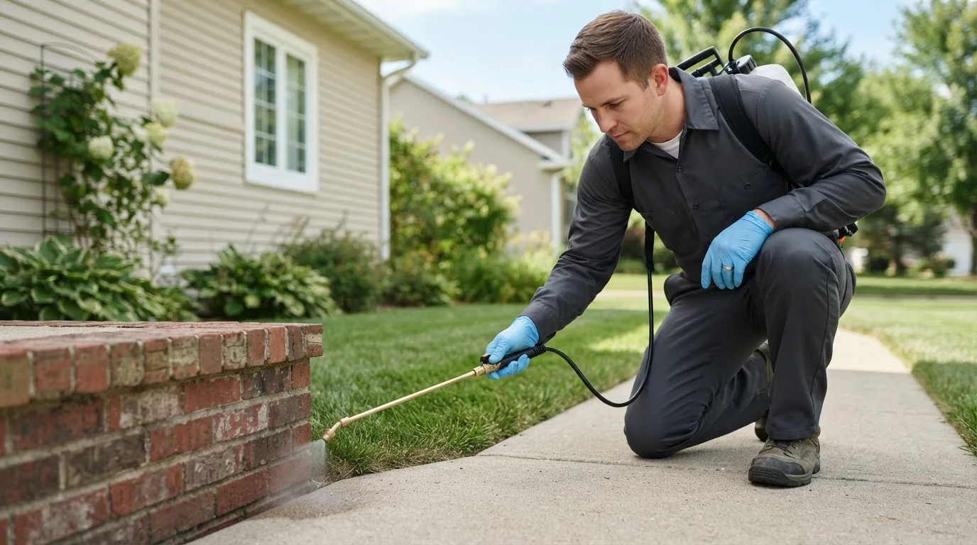 Pest control technician treating a home near Teeds Grove, IA
