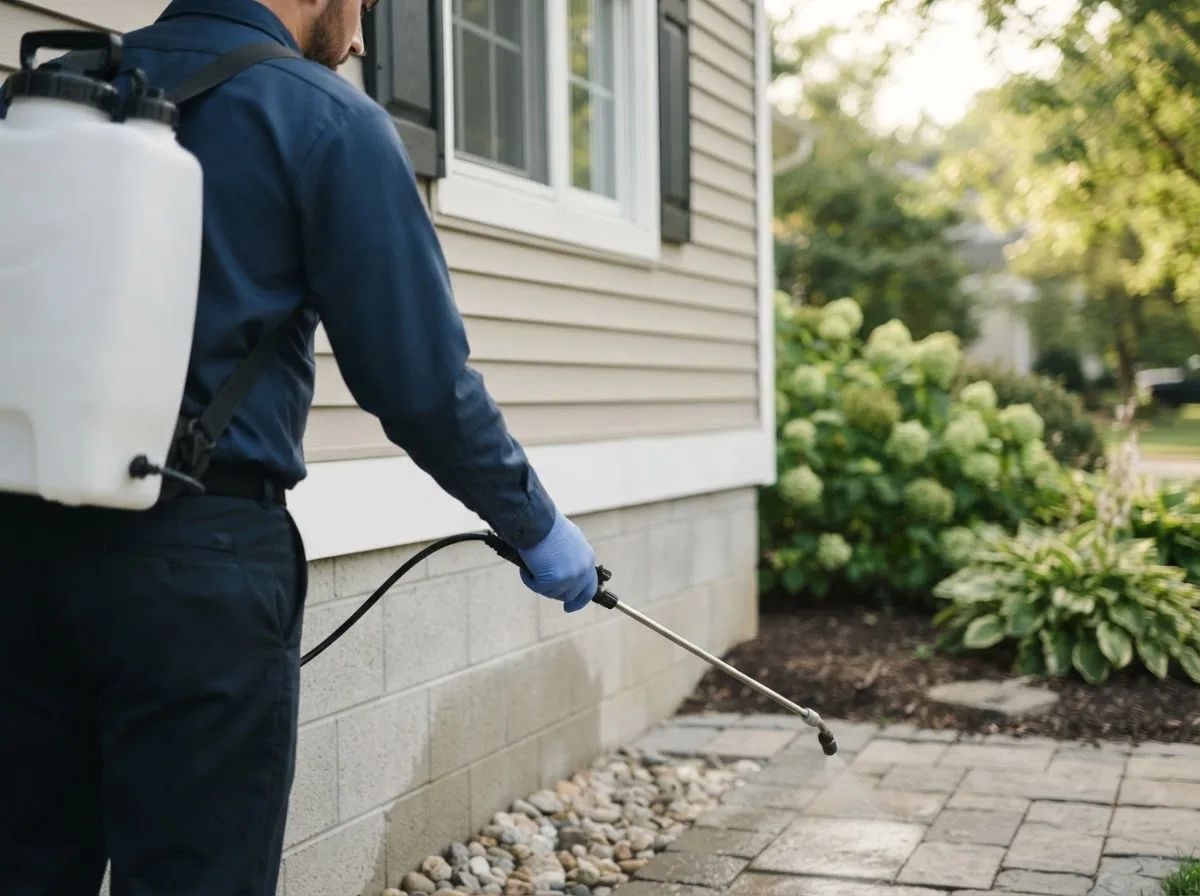 Pest control technician inspecting a home in Teeds Grove, IA